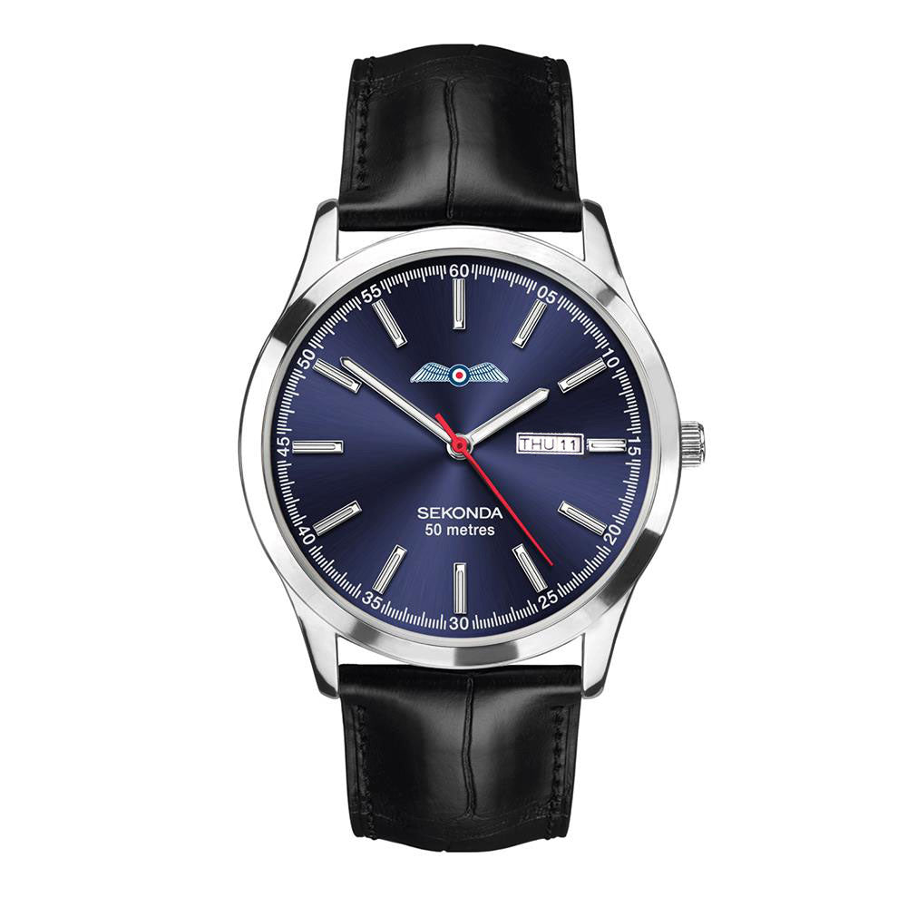 Mens Black Leather RAF Association Wings Watch - RAFATRAD