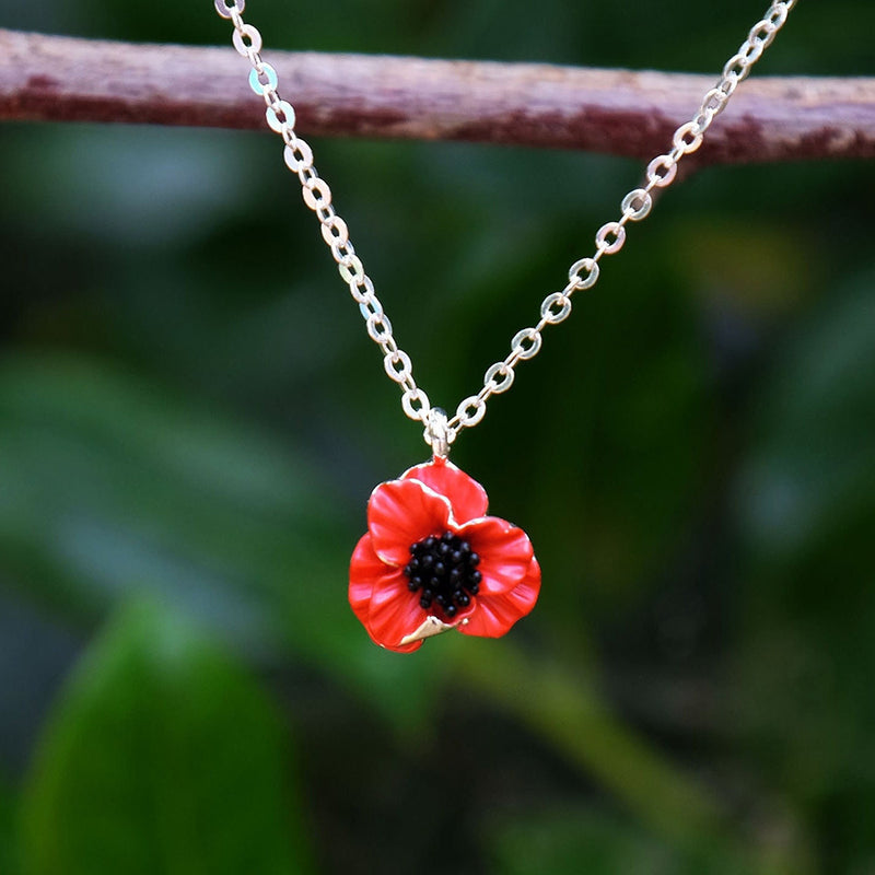 Poppy Red Flower Pendant Necklace