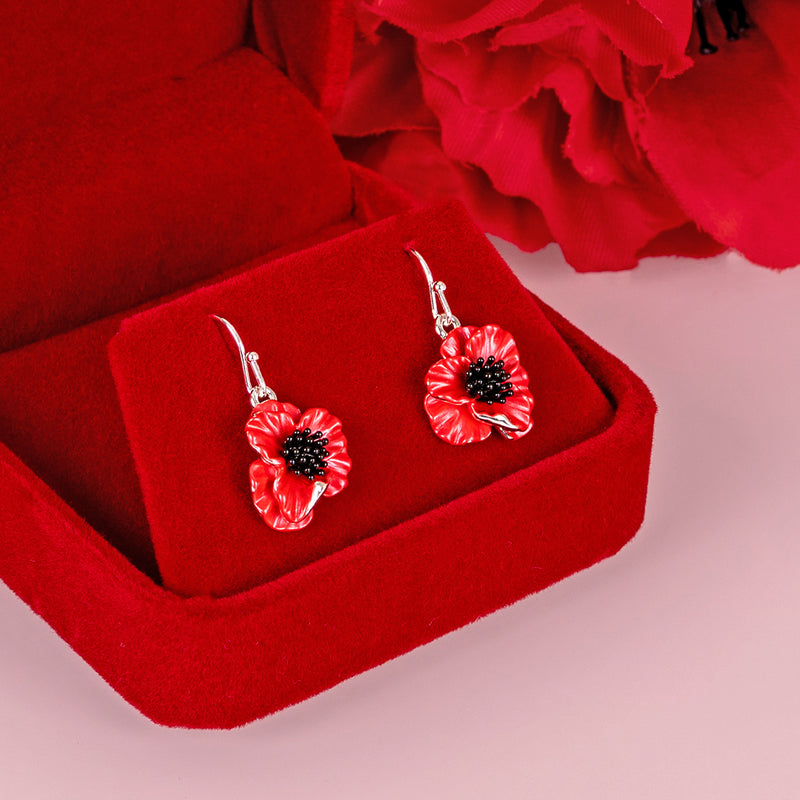Poppy Red Flower Hook Earrings