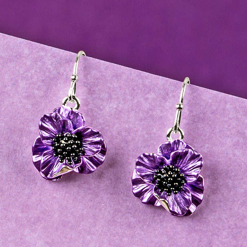Poppy Purple Flower Hook Earrings