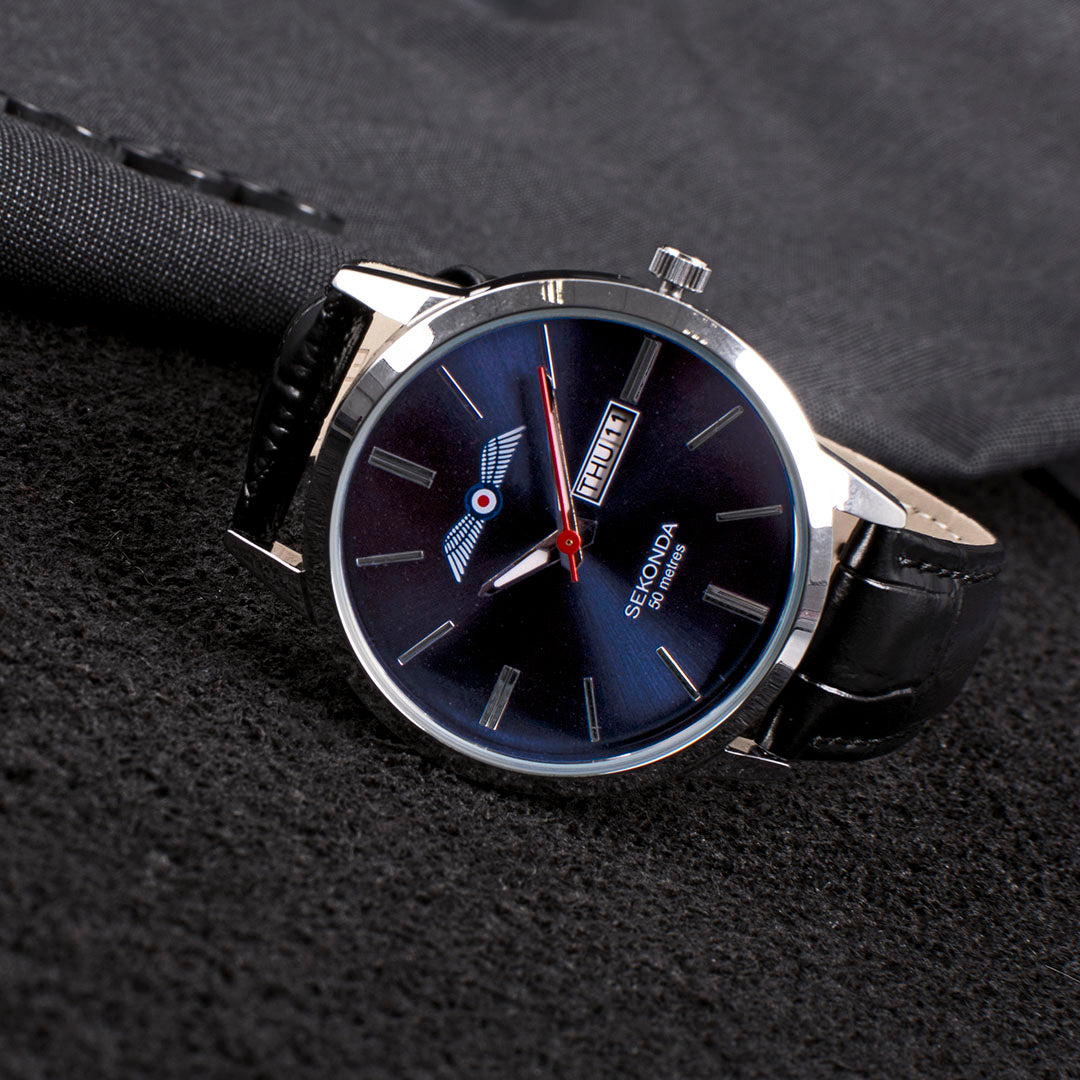 All Rafi Watch Mens Black Leather RAF Association Wings Watch - RAFATRAD