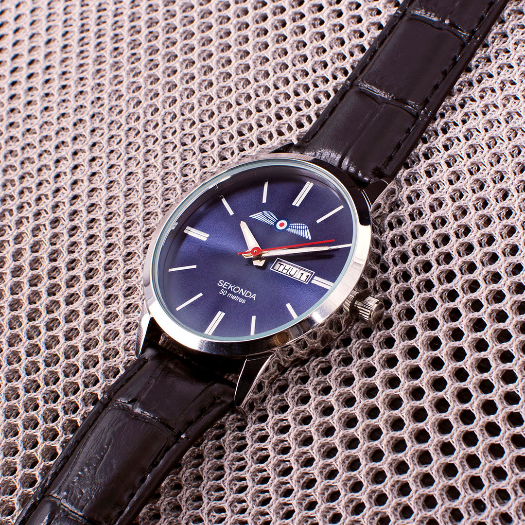 Mens Black Leather RAF Association Wings Watch - RAFATRAD