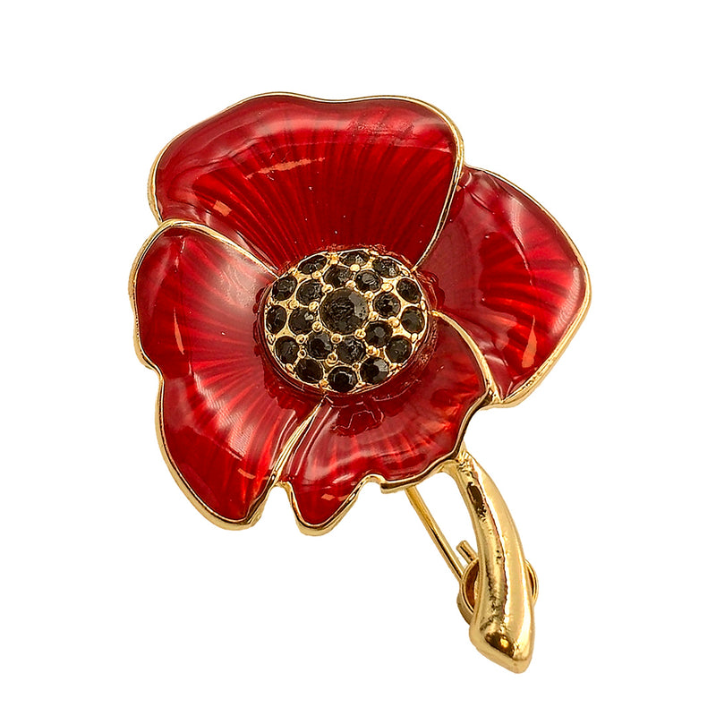 Red Poppy Brooch Enamelled - Gold