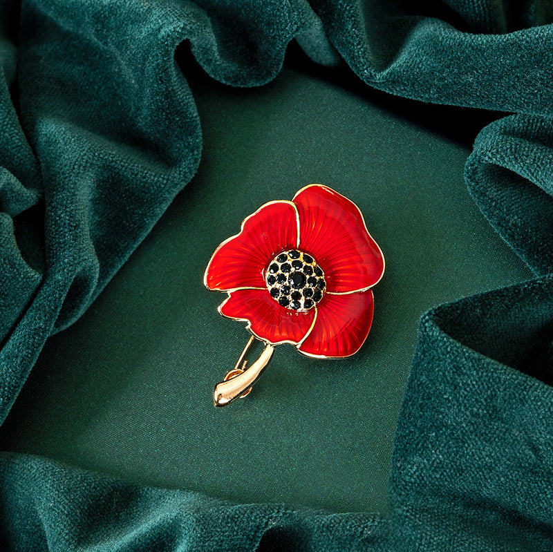 Red Poppy Brooch Enamelled - Gold
