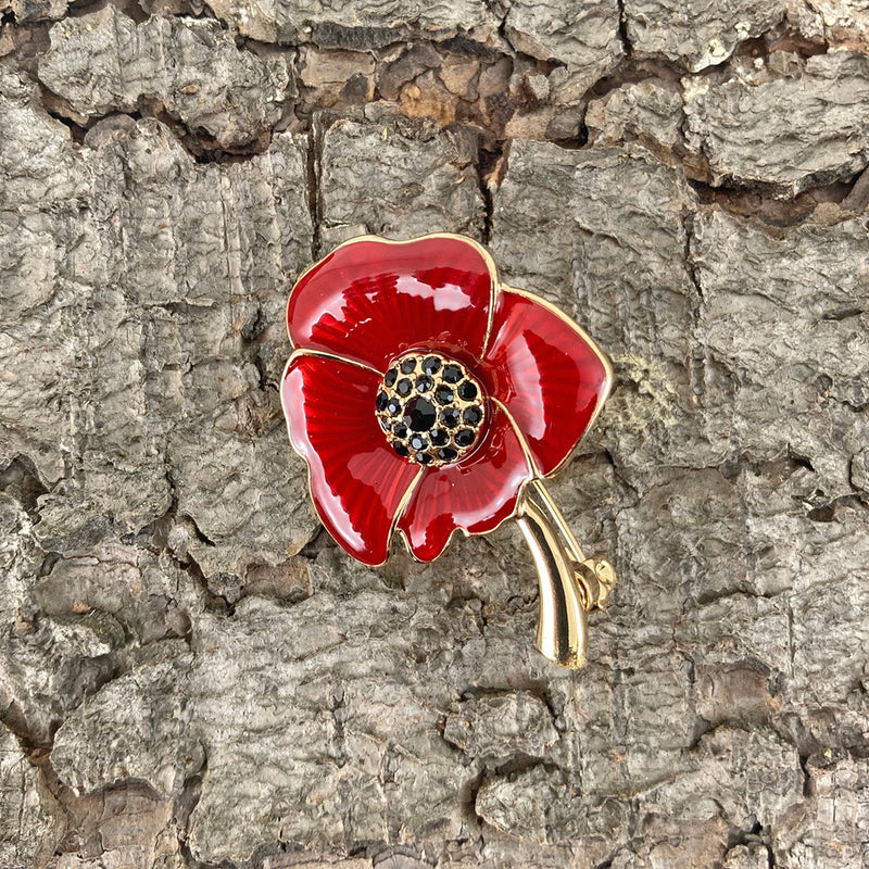 Red Poppy Brooch Enamelled - Gold