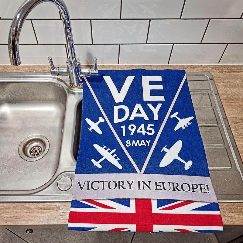 VE Day Blue Tea Towel