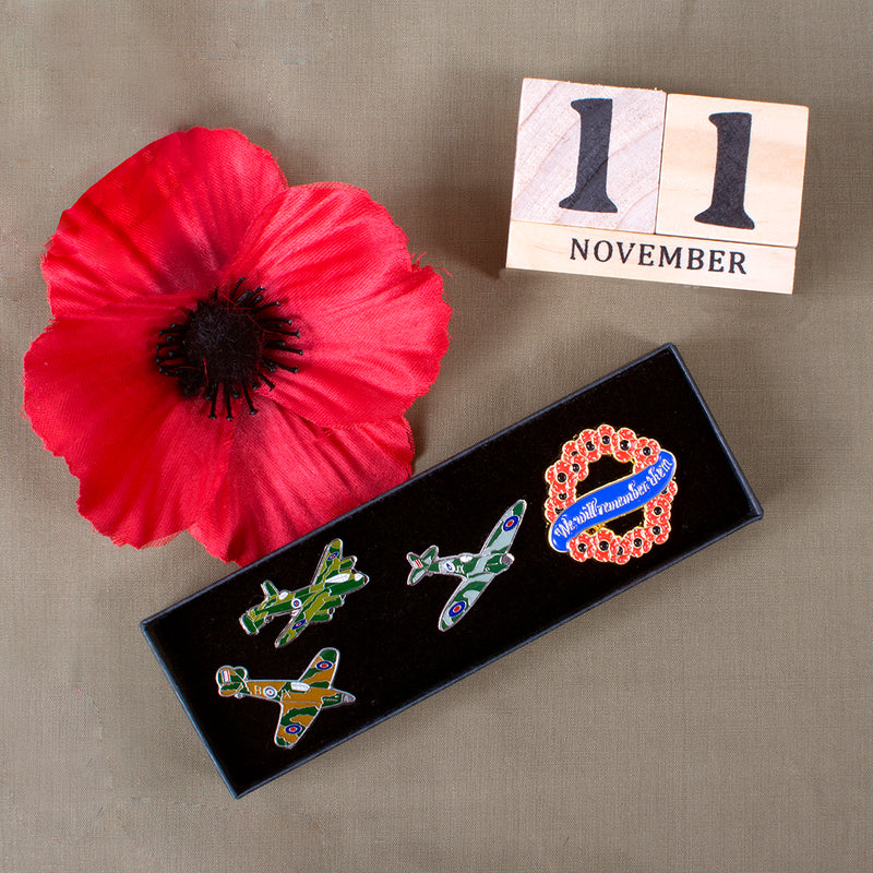 Remembrance Poppy Pin Badge Set - Spitfire, Lancaster and Hurricane