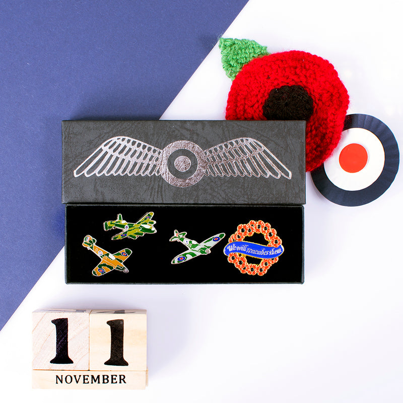 Remembrance Poppy Pin Badge Set - Spitfire, Lancaster and Hurricane