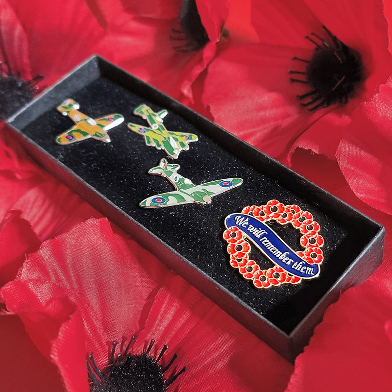 Remembrance Poppy Pin Badge Set (in Box) Spitfire, Lancaster and Hurricane - RAFATRAD