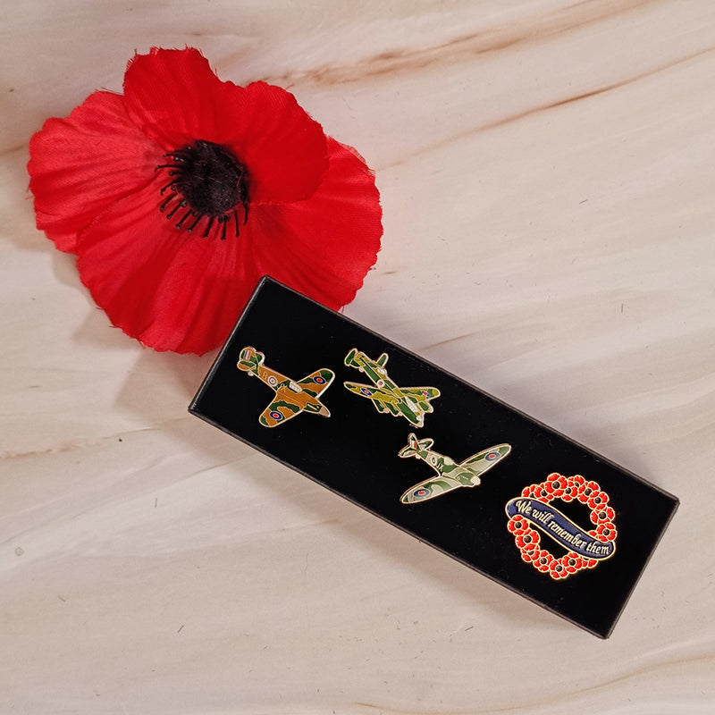 Remembrance Poppy Pin Badge Set (in Box) Spitfire, Lancaster and Hurricane - RAFATRAD