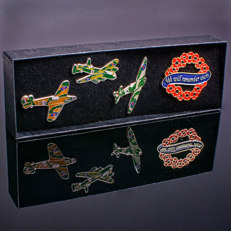 Remembrance Poppy Pin Badge Set (in Box) Spitfire, Lancaster and Hurricane - RAFATRAD